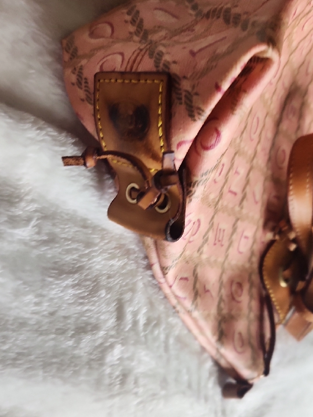 Dooney And Bourke Pink Patterned Drawstring Tote Bag with Brown Trim - Picture 4 of 6